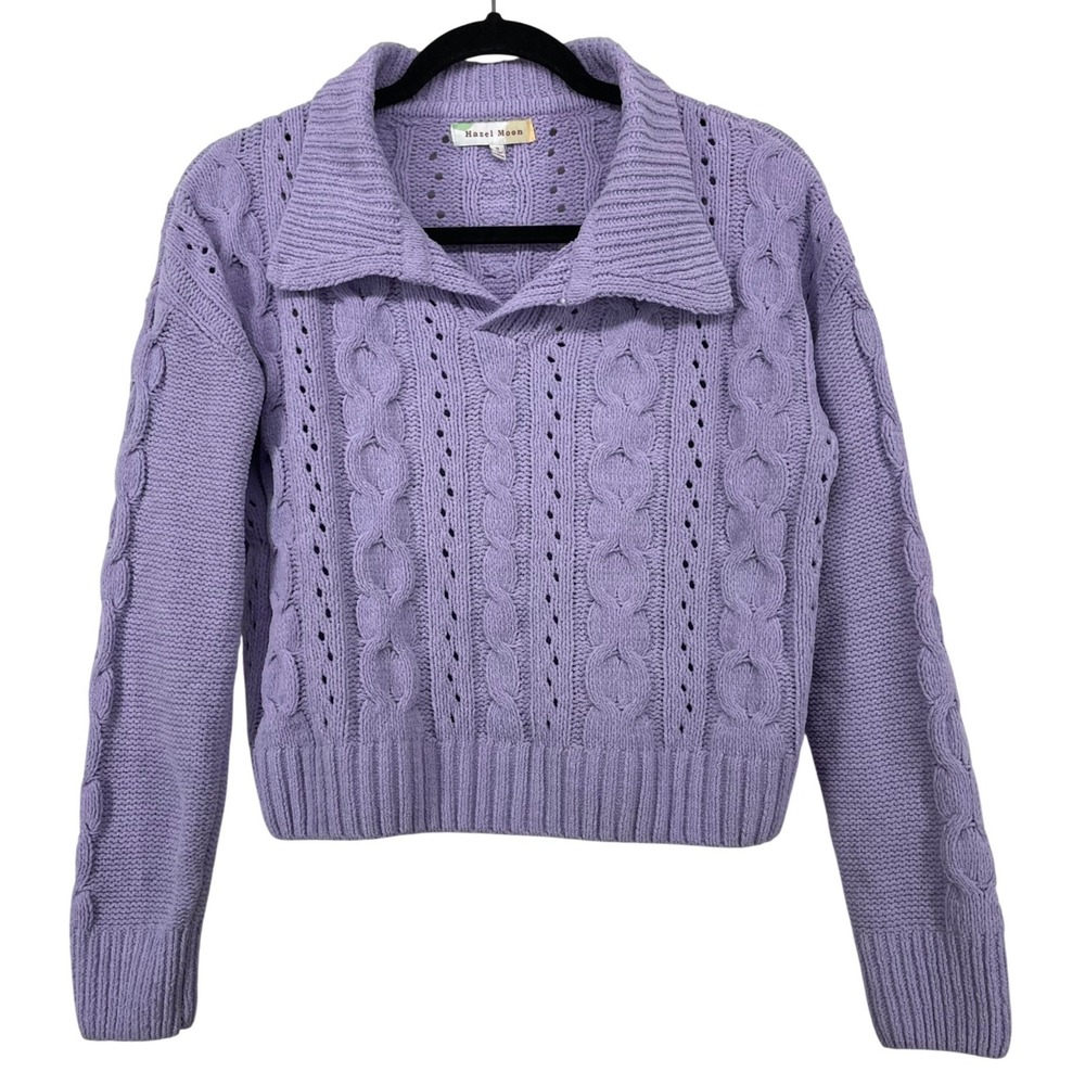 Hazel Moon Size S Cable Knit Sweater Lavender Purple Collared Chenille Cropped
